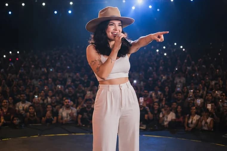 Layra Mota apontando para a plateia lotada