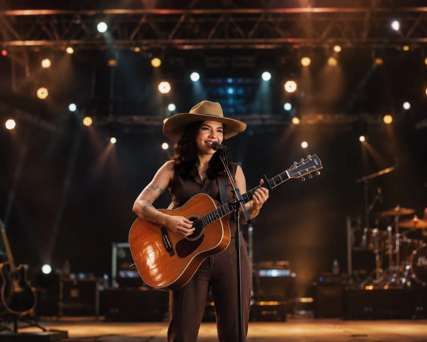 Layra Mota no palco, com violão e chapéu
